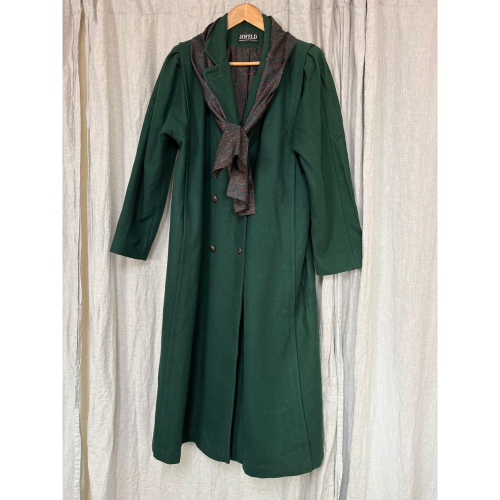 Vintage Jofeld Green Double Breasted Long Coat with Paisley Scarf Detail Large
